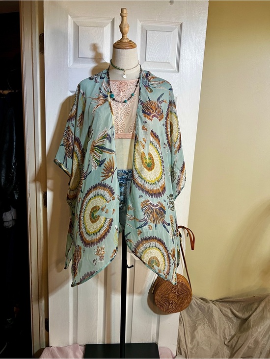Umgee Other - Umgee Wms Teal Feather Print Sheer Crochet Kimono Boho Festival Open Top‎ M/L